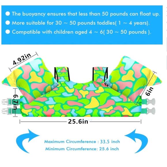 Chriffer Swim Vest  for 22-66 lbs Kids Floaties Shoulder Harness Arm Wings New - Picture 3 of 6